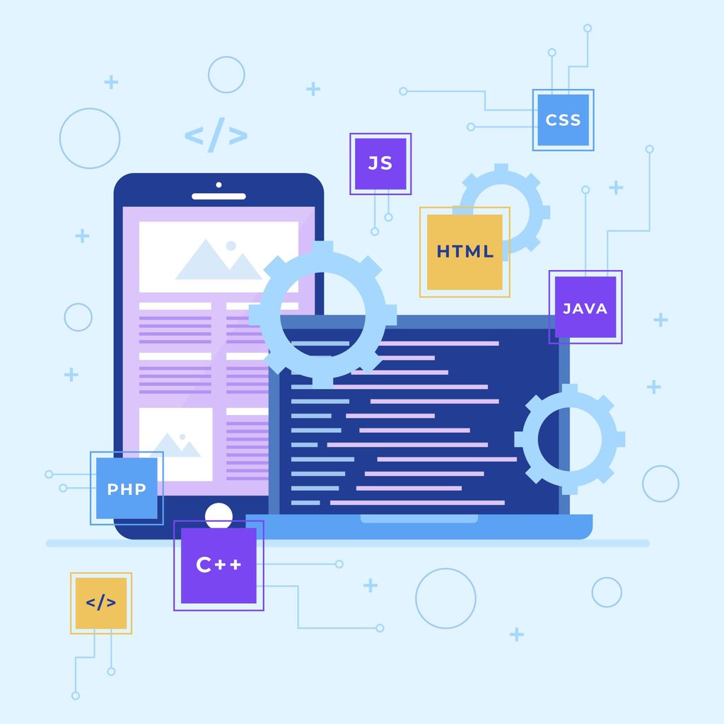 A tablet and laptop displaying code, surrounded by icons for HTML, CSS, JavaScript, PHP, and C++.