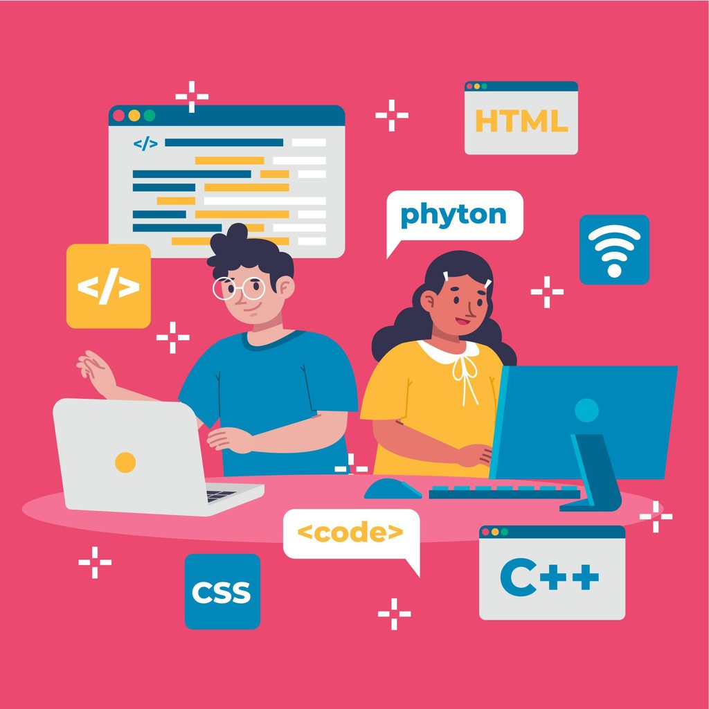 Two individuals working on laptops with various coding languages and technology icons in the background.
