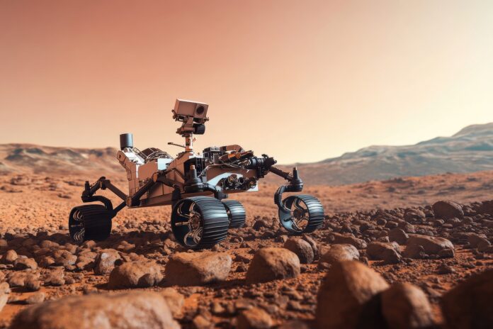 Mars rover navigating Martian terrain