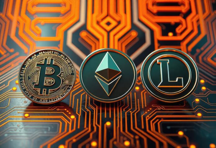 A digital rendering of Bitcoin, Ethereum, and other cryptocurrency logos on a futuristic background.