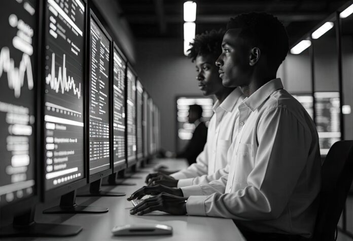 A futuristic data center with AI-driven servers analyzing global financial markets in real time.