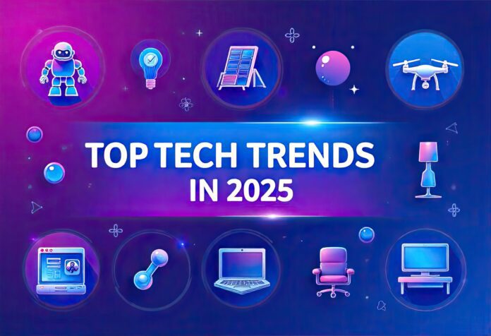 A futuristic digital concept showing AI, robotics, and sustainable technologies interconnected.