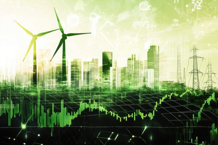 A stock market graph with key sectors like AI, renewable energy, and healthcare highlighted.