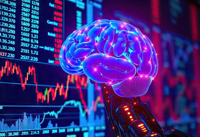 A futuristic AI brain analyzing stock market data on a digital screen.