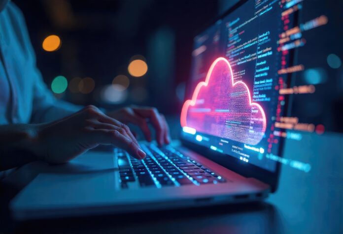 A futuristic cloud infrastructure being managed and deployed through code in a developer’s terminal.