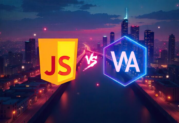 A futuristic digital visualization of JavaScript and WebAssembly logos merging in a dynamic, interconnected web.