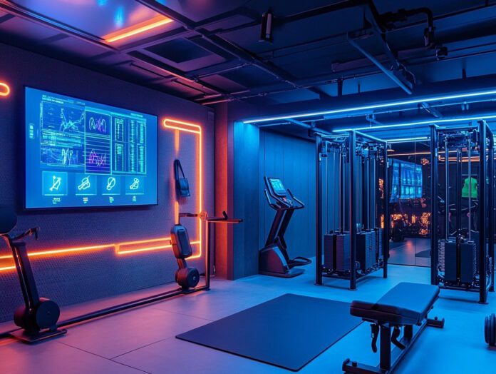 A high-tech gym illuminated with neon blue and orange lighting, featuring smart fitness machines, an interactive digital workout display, and modern gym equipment.