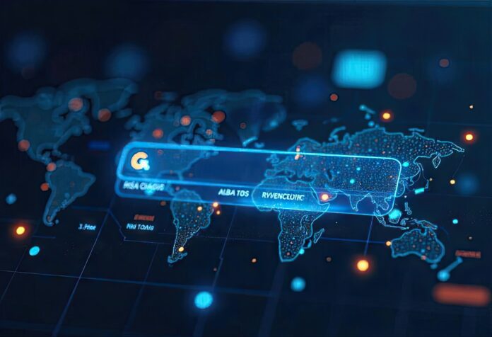 A futuristic AI-powered search engine interface alongside Google’s traditional search bar.