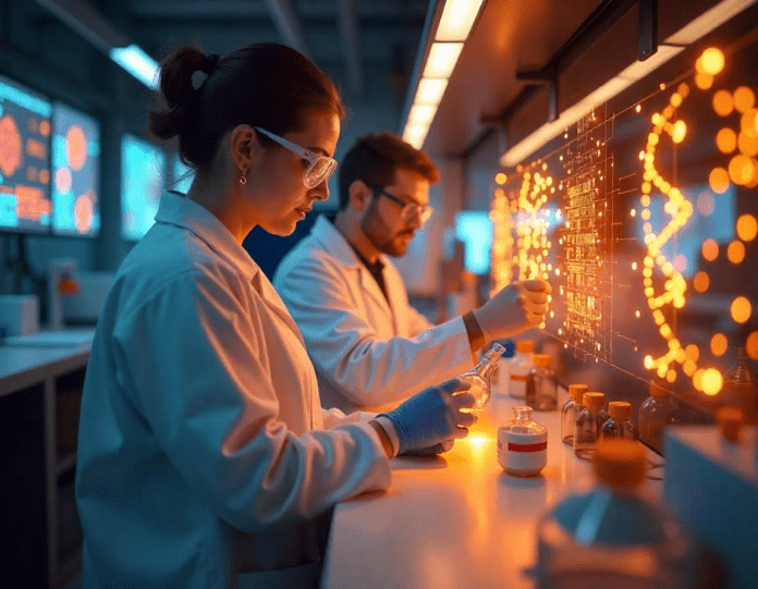 A high-tech laboratory where researchers analyze DNA sequences for anti-aging CRISPR-based treatments.