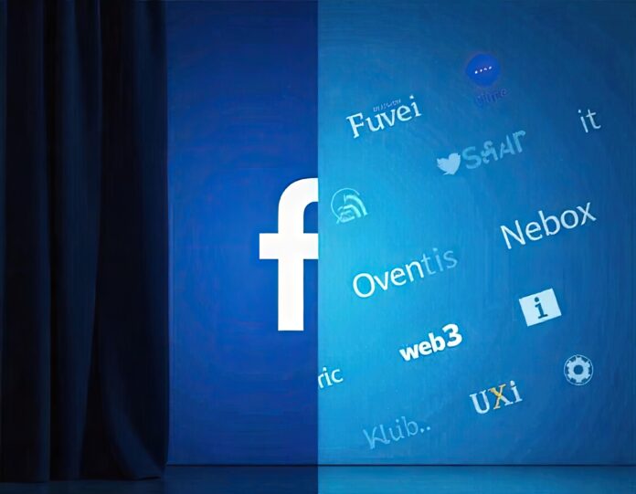 A split-screen digital illustration showing Facebook’s logo on one side and decentralized Web3 social media icons on the other.