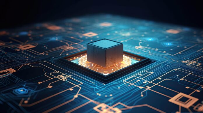 A high-tech microchip with a futuristic cube-shaped processor embedded in a glowing circuit board, representing artificial intelligence, quantum computing, and next-gen technology.
