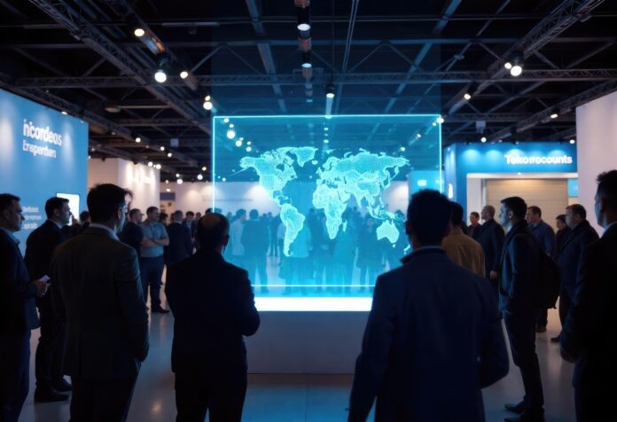 A futuristic holographic display projecting a 3D interface in mid-air.