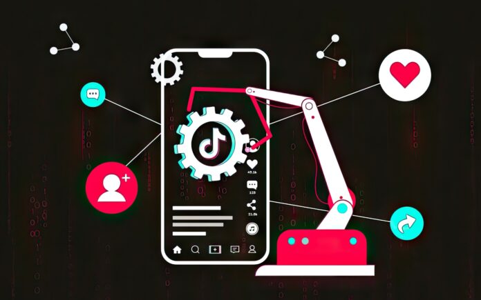 A futuristic visualization of TikTok’s AI analyzing user behavior to optimize content delivery.