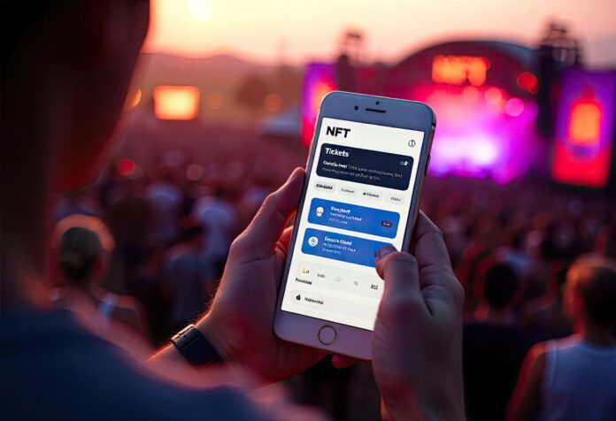 A futuristic digital interface showcasing NFTs being used in real estate, gaming, and identity verification.