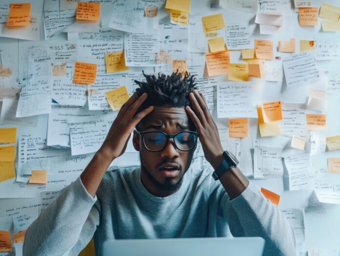 A frustrated developer surrounded by confusing notes and inconsistent code comments.
