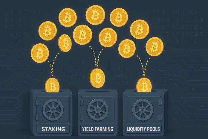 Illustrated crypto coins flowing into digital vaults labeled “Staking,” “Yield Farming,” and “Liquidity Pools.