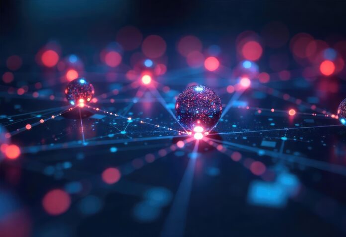 A futuristic representation of a quantum internet network, with quantum particles transferring encrypted data.