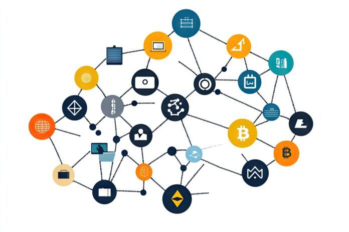 A digital network of interconnected blockchains exchanging data across multiple platforms.