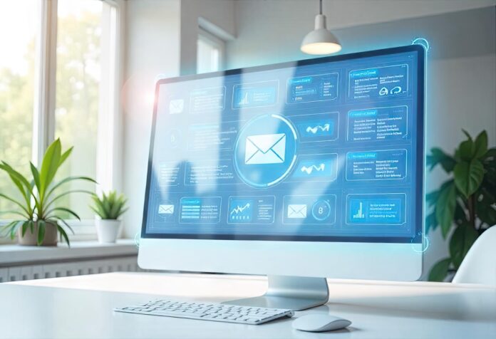 A futuristic email marketing dashboard powered by AI automation.