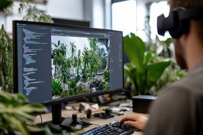 A developer using AR/VR tools to code a 3D Metaverse environment in a virtual workspace.