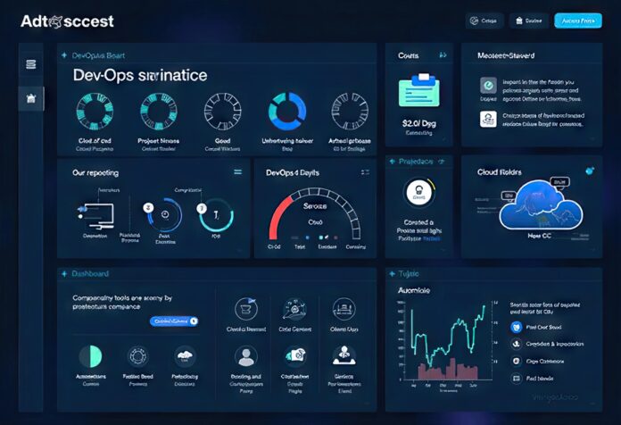 A futuristic DevOps dashboard showcasing automation, CI/CD pipelines, and cloud infrastructure management tools.
