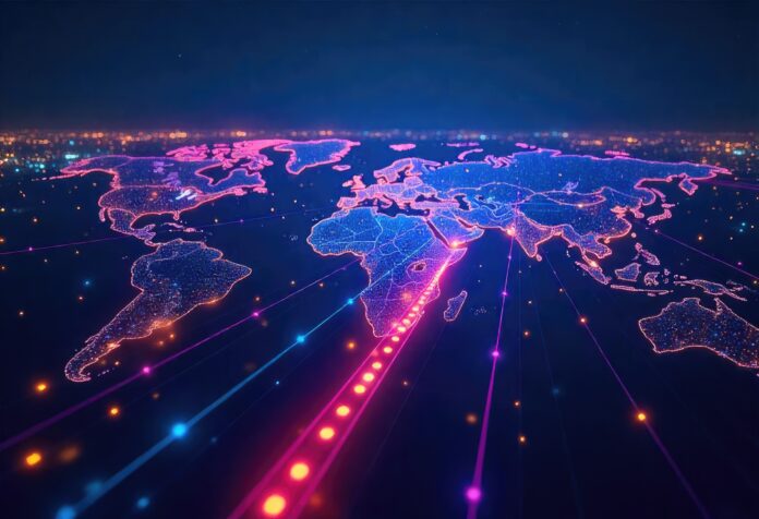 A futuristic digital network representing global open-source collaboration.
