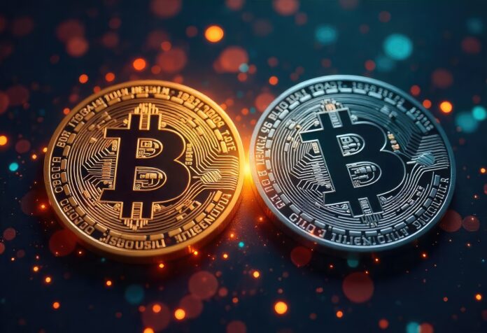 A futuristic visualization of Bitcoin and CBDCs side by side, representing decentralized vs. government-controlled digital currencies.