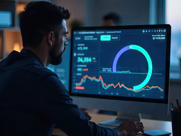 A developer analyzing speed metrics on a web performance dashboard with warning icons.