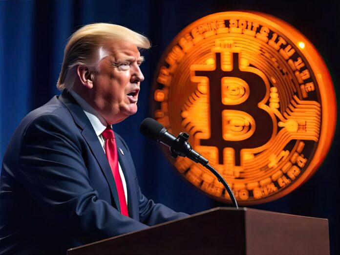 President Donald Trump speaking at a podium with a digital Bitcoin logo in the background.