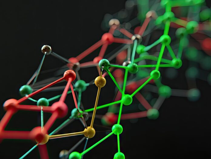 A neural network architecture visual shaped like a graph with nodes and edges, analyzing dynamic data.