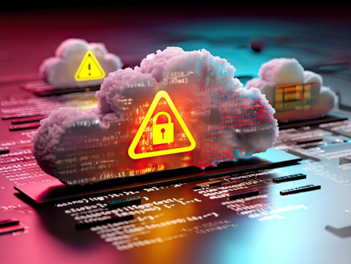 A cloud icon with exposed padlocks and warning symbols, surrounded by code snippets and misconfigured settings.