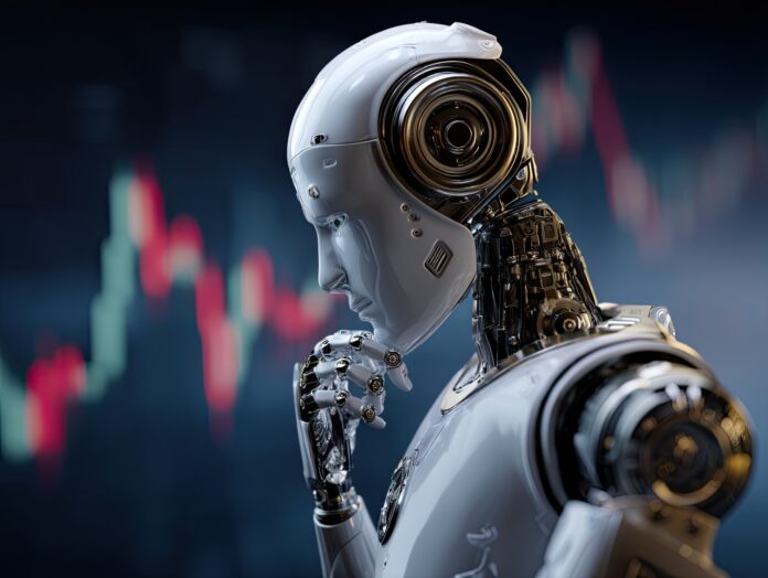 A humanoid AI trading stocks on a digital platform with flashing market graphs and algorithmic indicators.