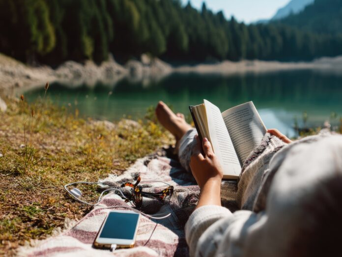 A person relaxing in nature, holding a book with their phone turned off beside them.