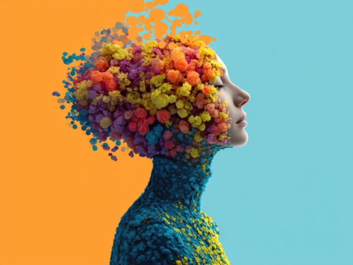 A conceptual image of the digestive system connected to the brain with clouded, fuzzy visuals around the head.