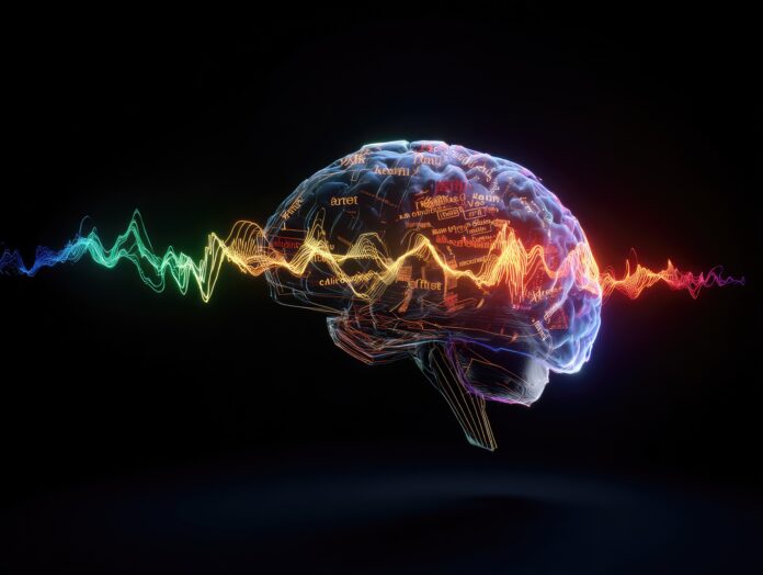 Digital artwork of a glowing AI brain merging text, image, and sound waves in vibrant colors.