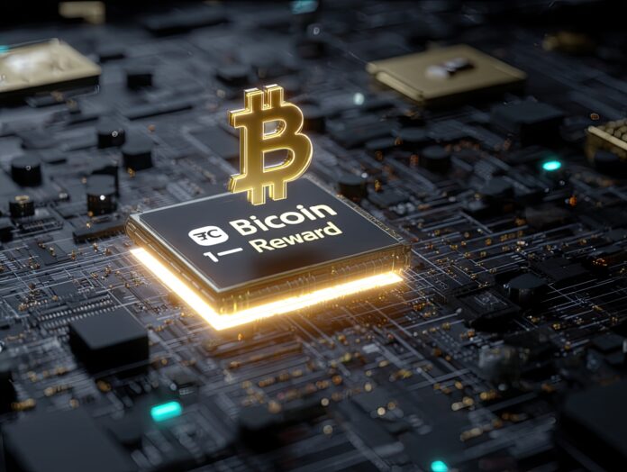 A glowing Bitcoin logo hovering above a quantum processor chip, with a “1 BTC Reward” tag.