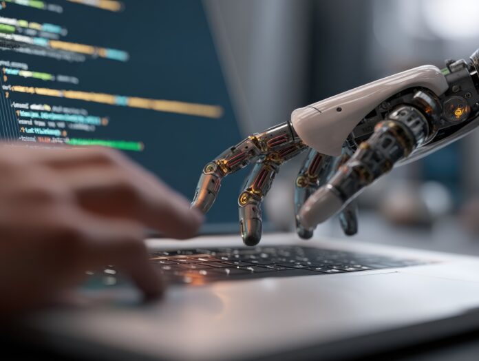 A human hand and a robotic hand typing together on a laptop running code.