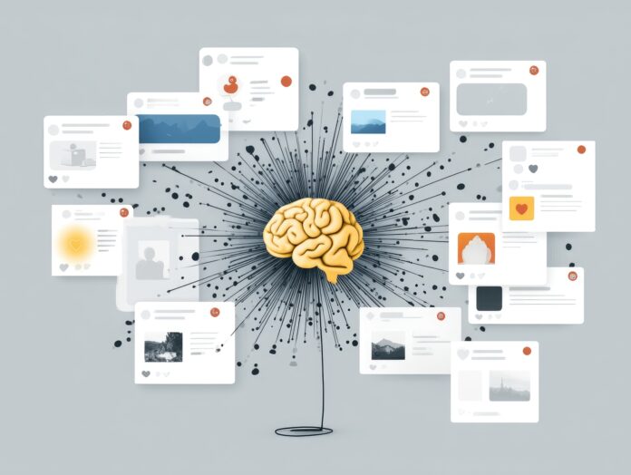 A brain icon connected to a network of social media posts, likes, and shares exploding outward