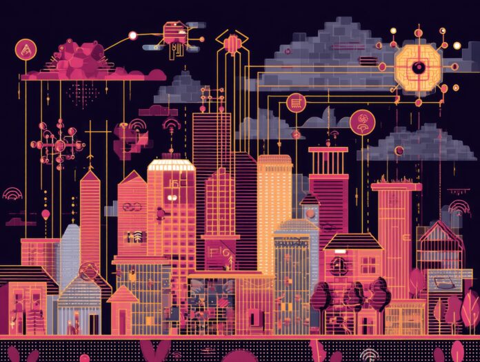 A futuristic cityscape infused with icons representing AI, blockchain, quantum computing, and biotechnology.