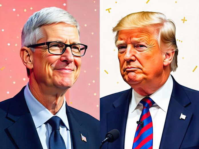 Tim Cook standing before an Apple logo, facing a shadowed silhouette resembling Trump with political and economic symbols behind them.