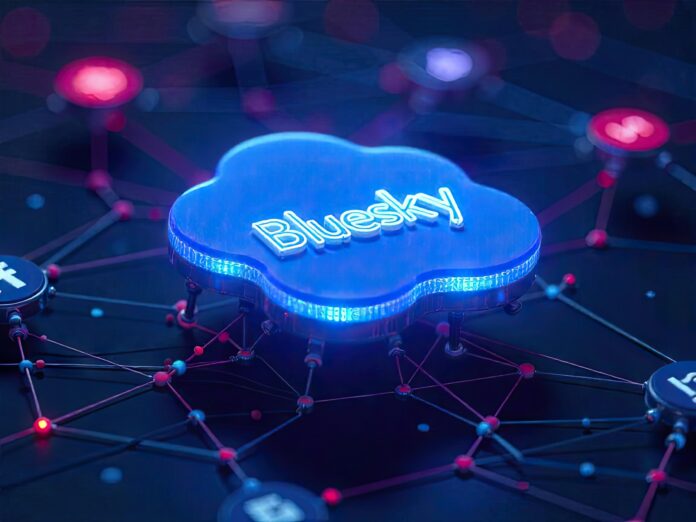 A glowing Bluesky logo floating over a digital network with decentralized nodes and social media icons.