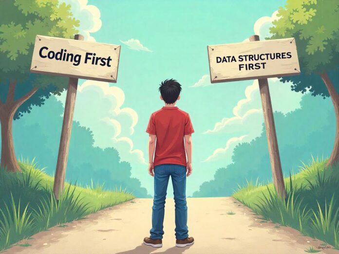 A learner standing at a crossroads labeled “Coding First” and “Data Structures First,” with decision icons.