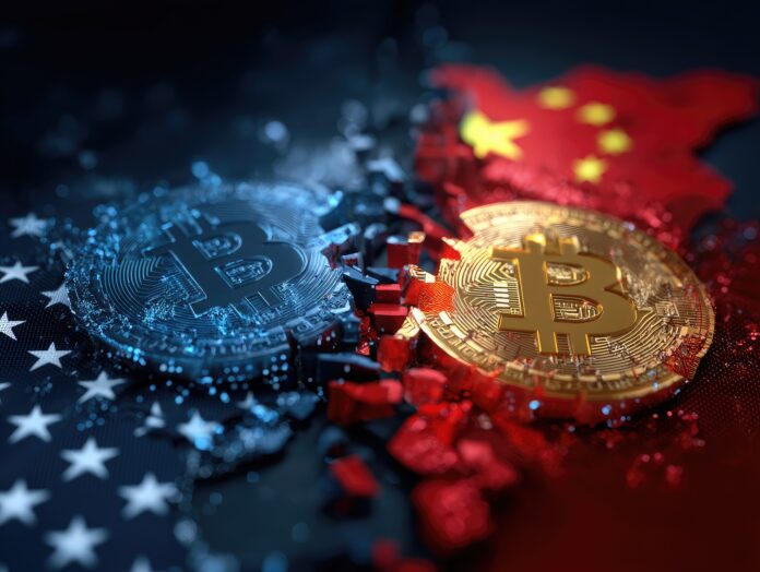 A crashing Bitcoin chart overlaid on global trade icons with red warning symbols.