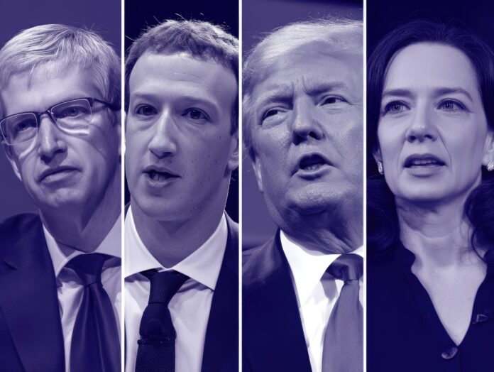 CEOs of major tech firms (symbolized) facing a U.S. Capitol building with trade and tariff icons in the background.
