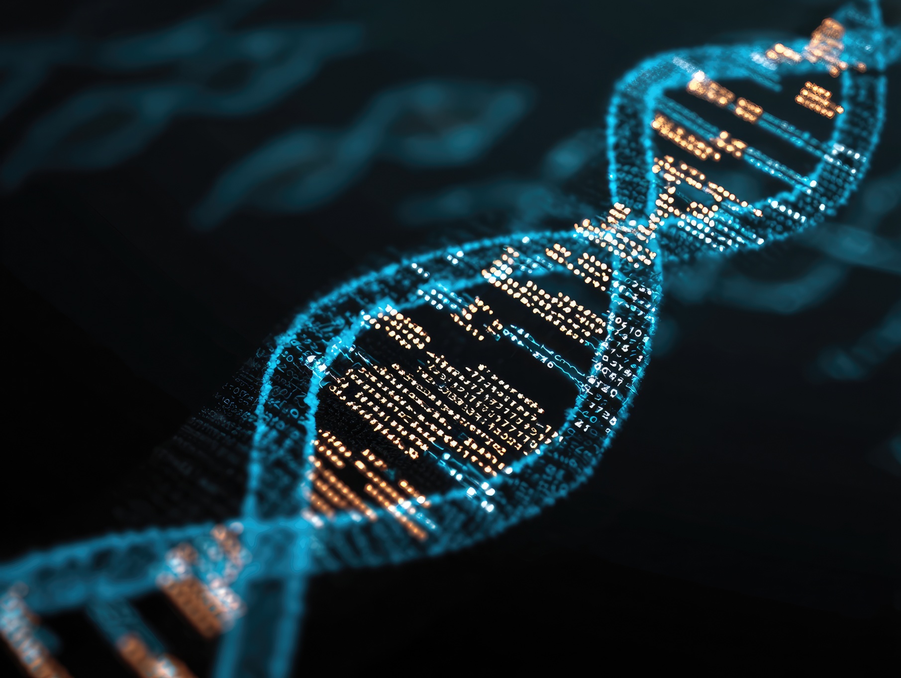 A DNA helix with digital binary code in the background