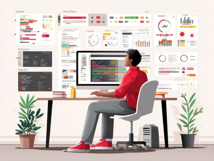 A developer working at a futuristic workstation with code on one screen and an AI assistant tool on another