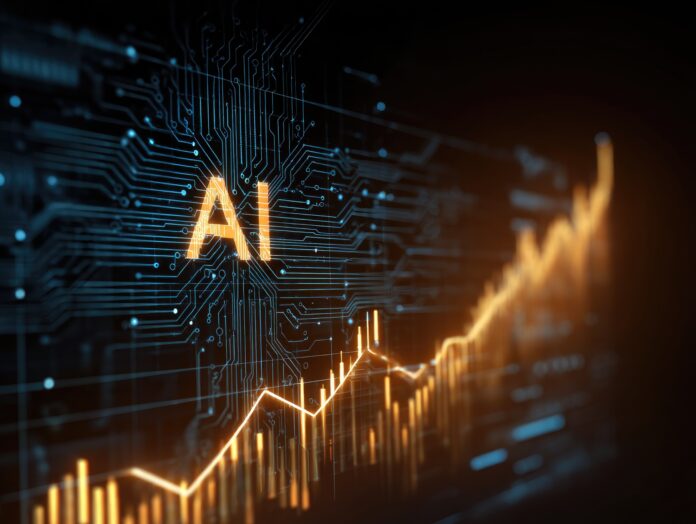 Abstract illustration of stock market growth fueled by artificial intelligence technologies