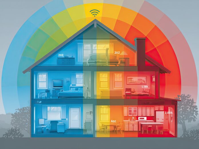 A visual breakdown of dual-band Wi-Fi coverage in a smart home environment