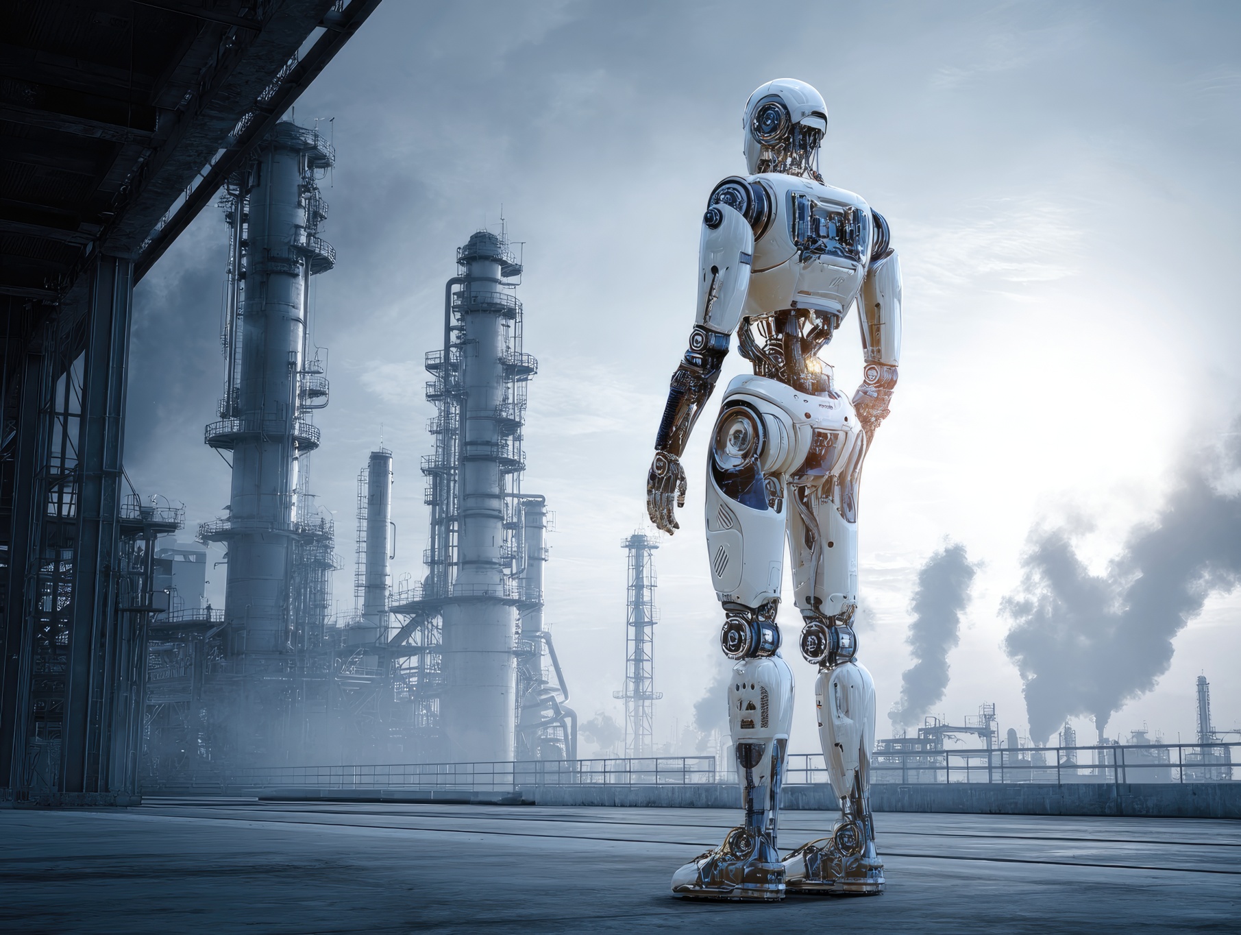 A futuristic humanoid robot standing between a factory and a space station, representing multiple industries