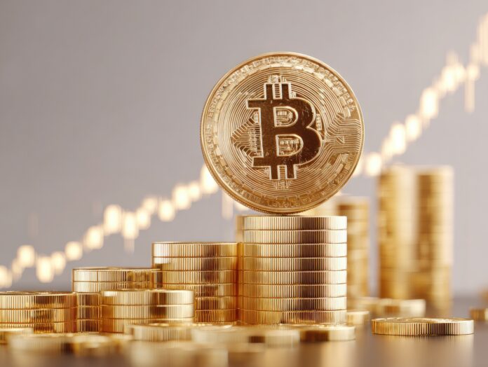 A digital Bitcoin coin ascending like a rocket above a price chart reaching $109,000